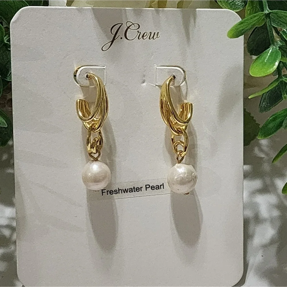 J.‎ Crew Gold Tone Triple Hoop Freshwater Pearl Drop Dangle Earrings New